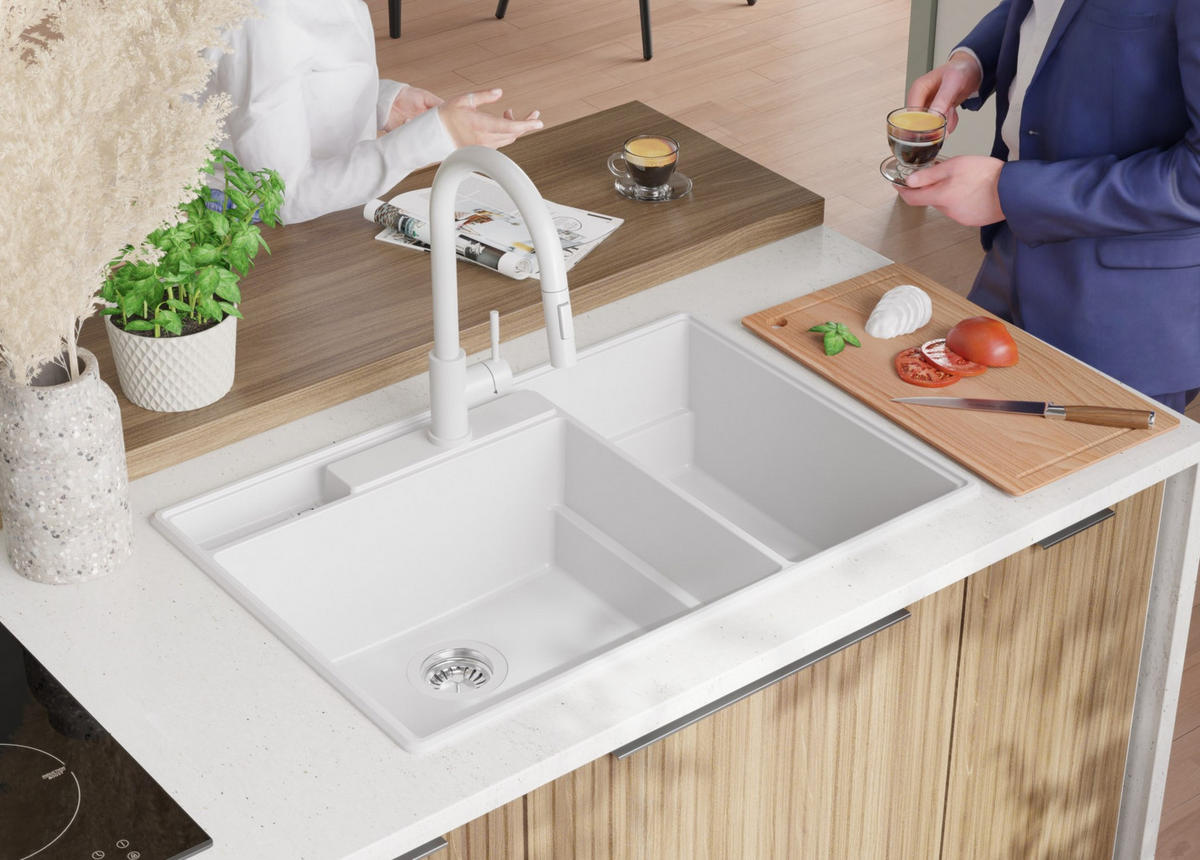 SPÜLBECKEN Paris, 2-er set Weiß 78/53 cm 2 Becken + Ablauf-Set + Küchenzubehörset ab 80er Unterschrank - Chromfarben/Edelstahlfarben, Kunststoff (78/20/53cm) - Primagran
