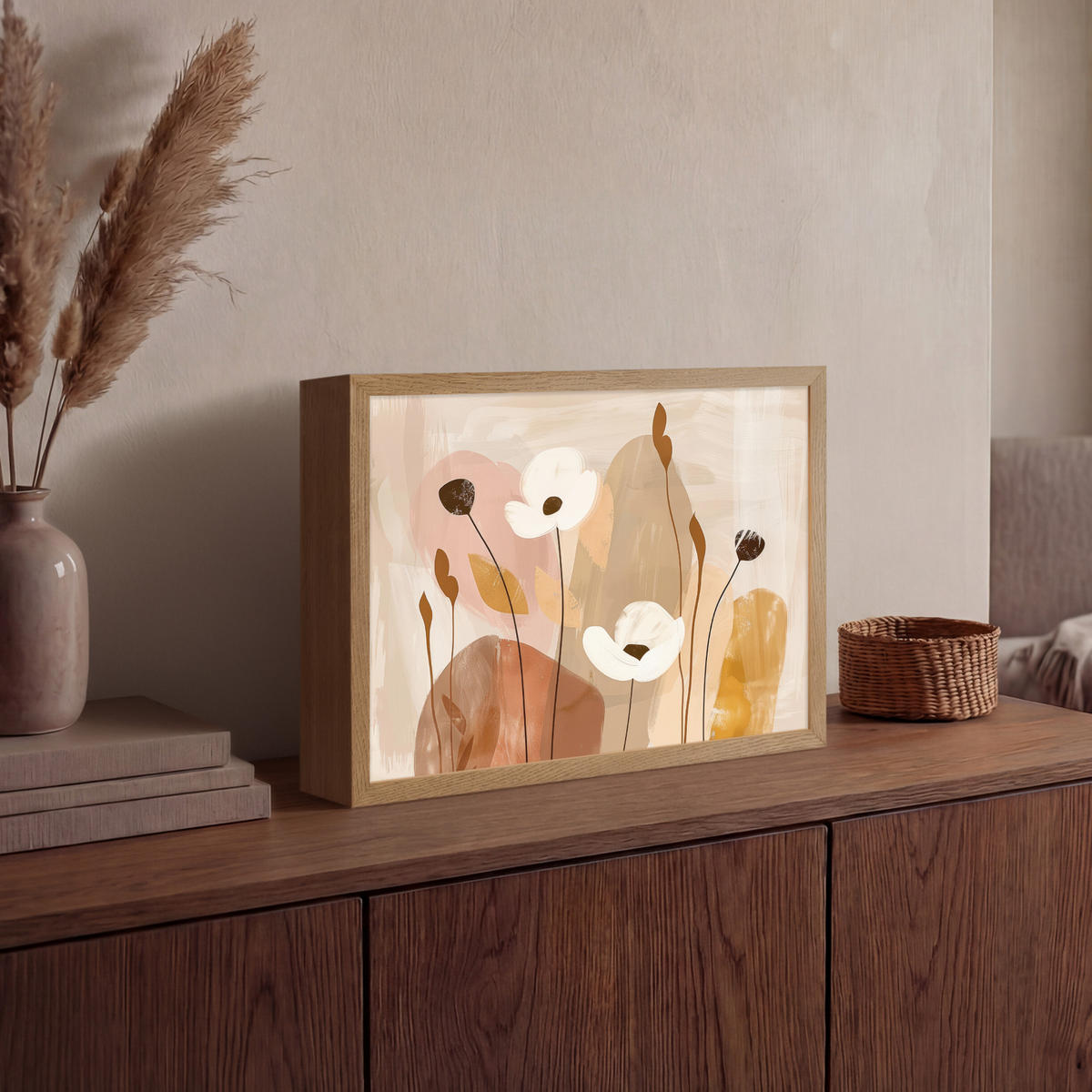 WANDLEUCHTE MIT AKKU Blumen - Abstrakt - Beige - Strichzeichnung 40x30 cm - Sandfarben, Holzwerkstoff (40/30/8cm) - OnlyWow