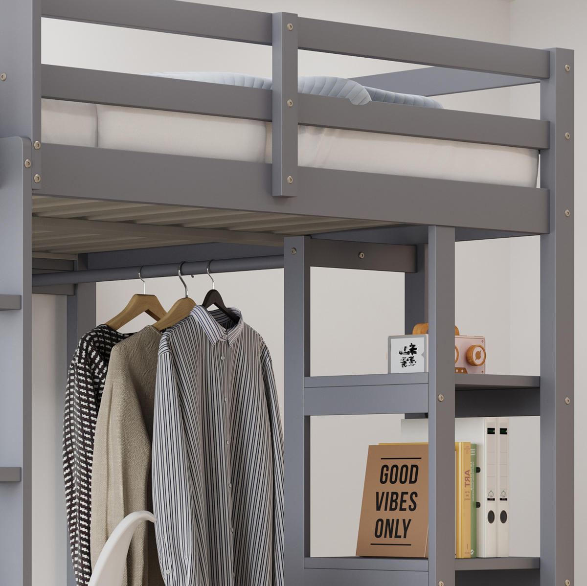 HOCHBETT mit Schreibtisch und Stauraum 140x200 cm Grau - Grau, Holzwerkstoff (140/200cm) - Beauniv