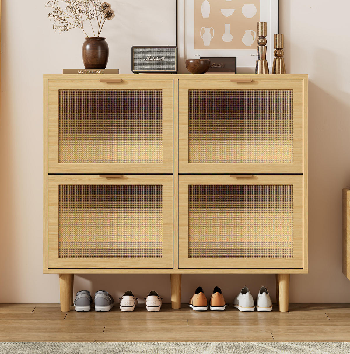 SCHUHSCHRANK mit 4 Klappen 100 x 25 x 90 cm Light Oak - Braun, Holz (25/90/100cm) - Beauniv