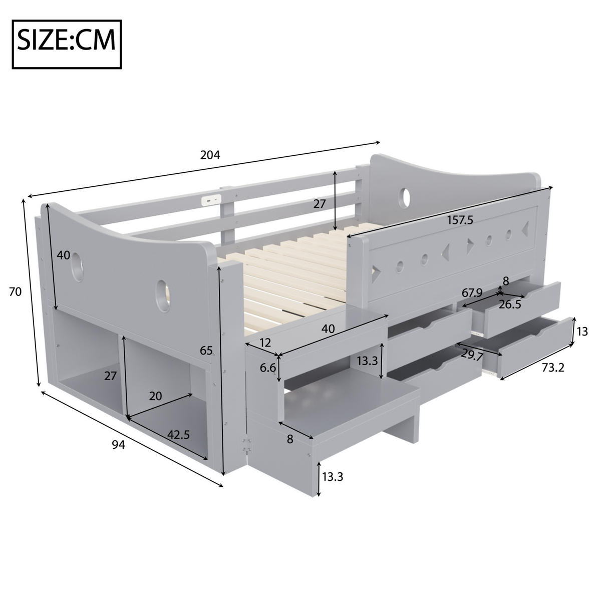 KINDERBETT Holz 90x200 cm Grau mit Stauraum, Sicherheitsgitter, LED, USB & Typ-C - Grau, Holz (90/200cm) - Modfu