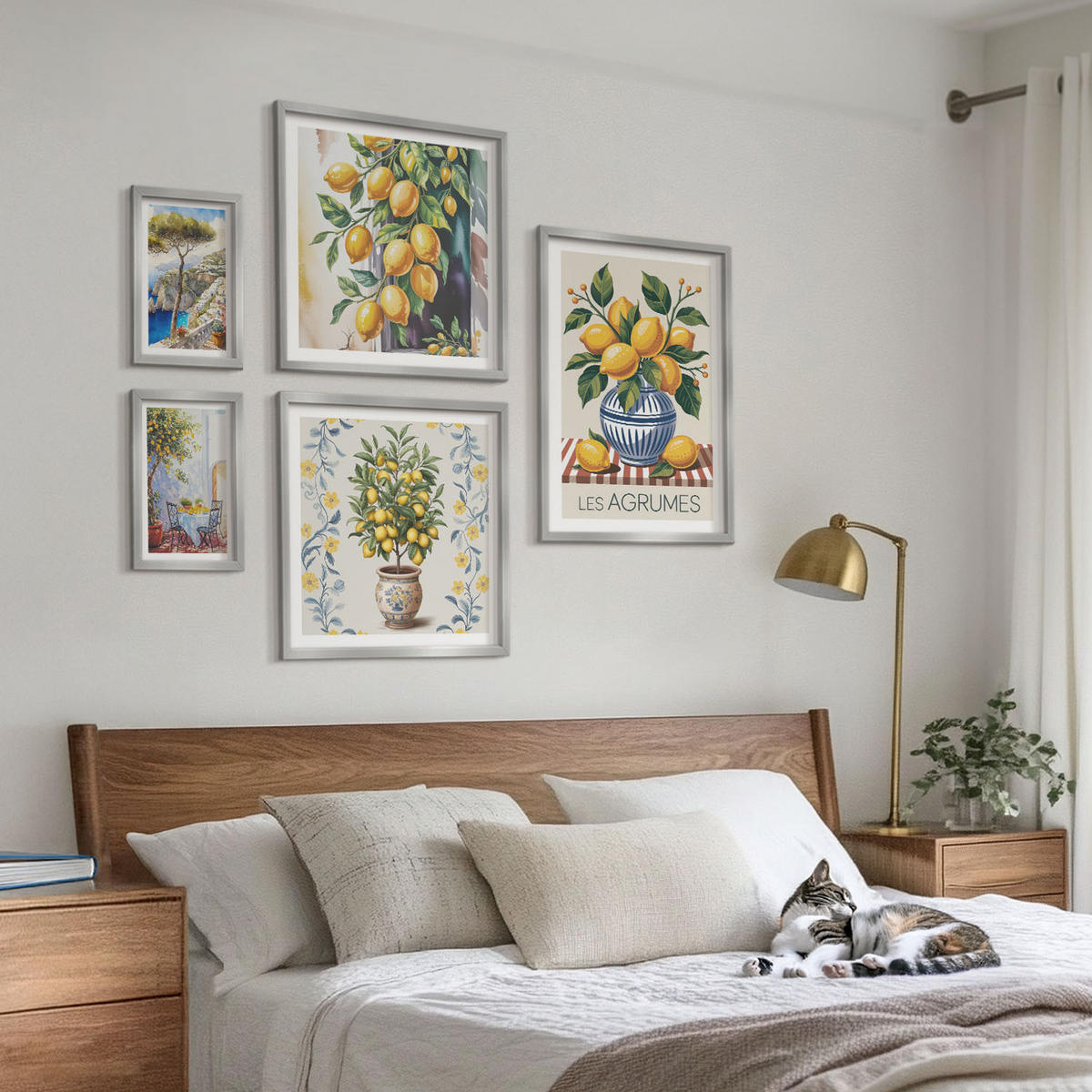 WANDBILDER 5er Set - 50x50 cm & 20x30 cm & 40x60 cm Silberner Rahmen - Zitronenbäume am Meer - Silberfarben, Kunststoff (40/60cm) - ArtPrintCave