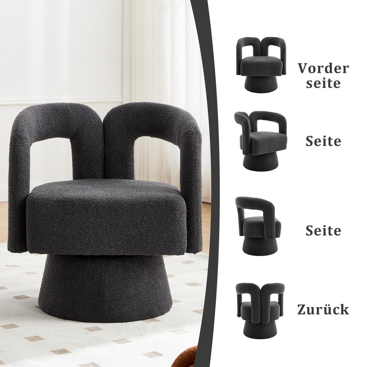 OTOČNÉ kreslo 55/67/74 cm tmavosivé z bouclé s 360° otáčaním a čalúnenými podrúčkami - tmavosivá, textil (55/74/67cm) - OKWISH