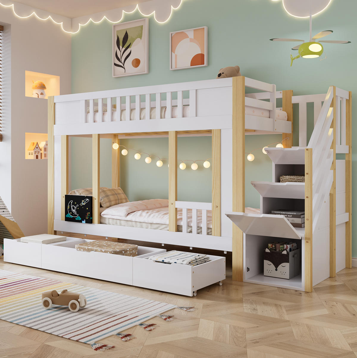 ETAGENBETT aus Kiefer und MDF 90x200 cm Weiß/Natur mit Stauraumtreppe, 3 Schubladen und Kritzeltafel - Weiß, Holzwerkstoff (90/200cm) - Modfu