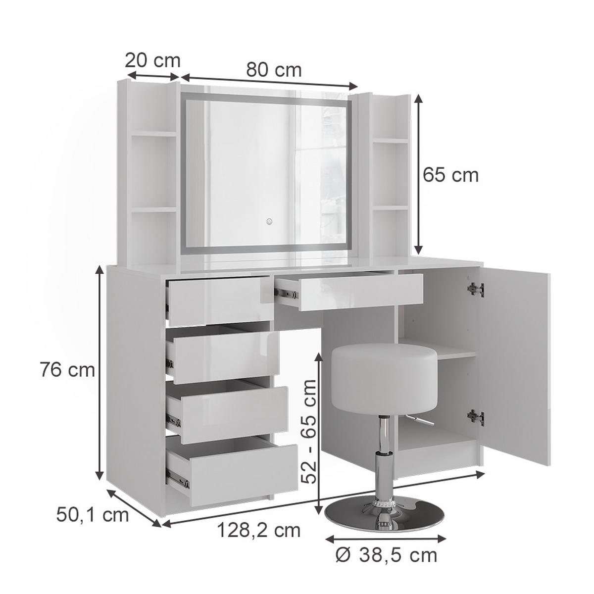 SCHMINKTISCH Sherry Weiß/Weiß Hochglanz 128.2 cm 5 Teile - Weiß Hochglanz, Holzwerkstoff (128.2/76/50.1cm) - Vicco