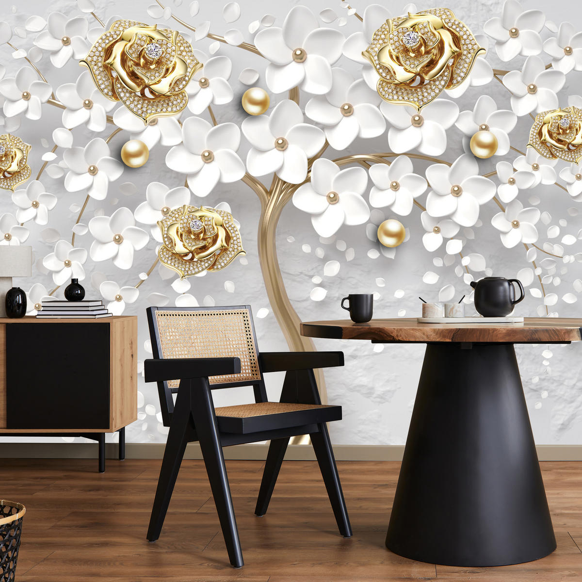 FOTOTAPETE für Wohnzimmer Abstrakte Rosen Baum Blumen Räumliche Äste Zweige 100x70 - Gelb/Weiß, Papier (100/70cm) - Muralo