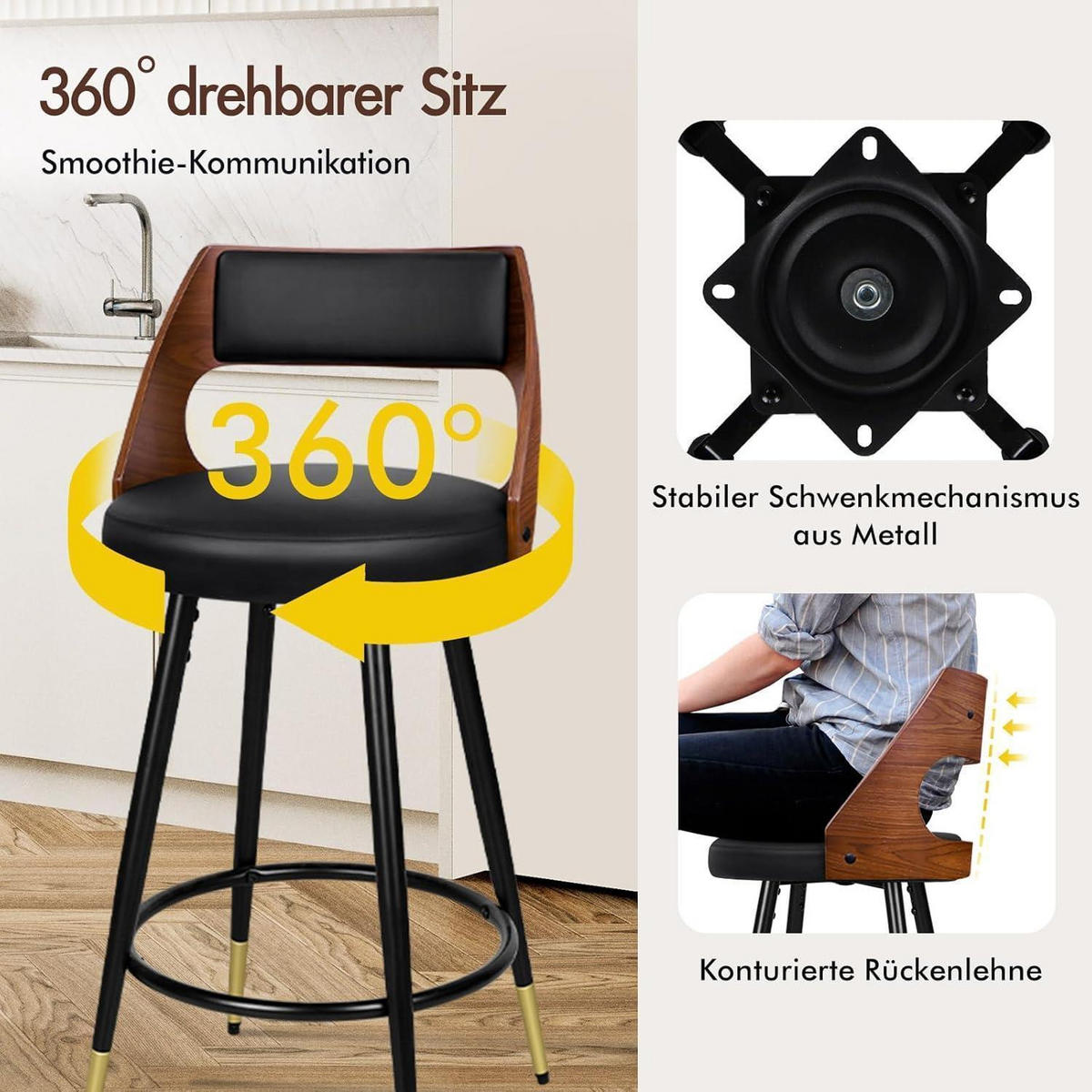 BARHOCKER 2-teiliges Set Holz-Sitz Schwarz 65 cm - Multicolor, Metall (47/92/50cm)