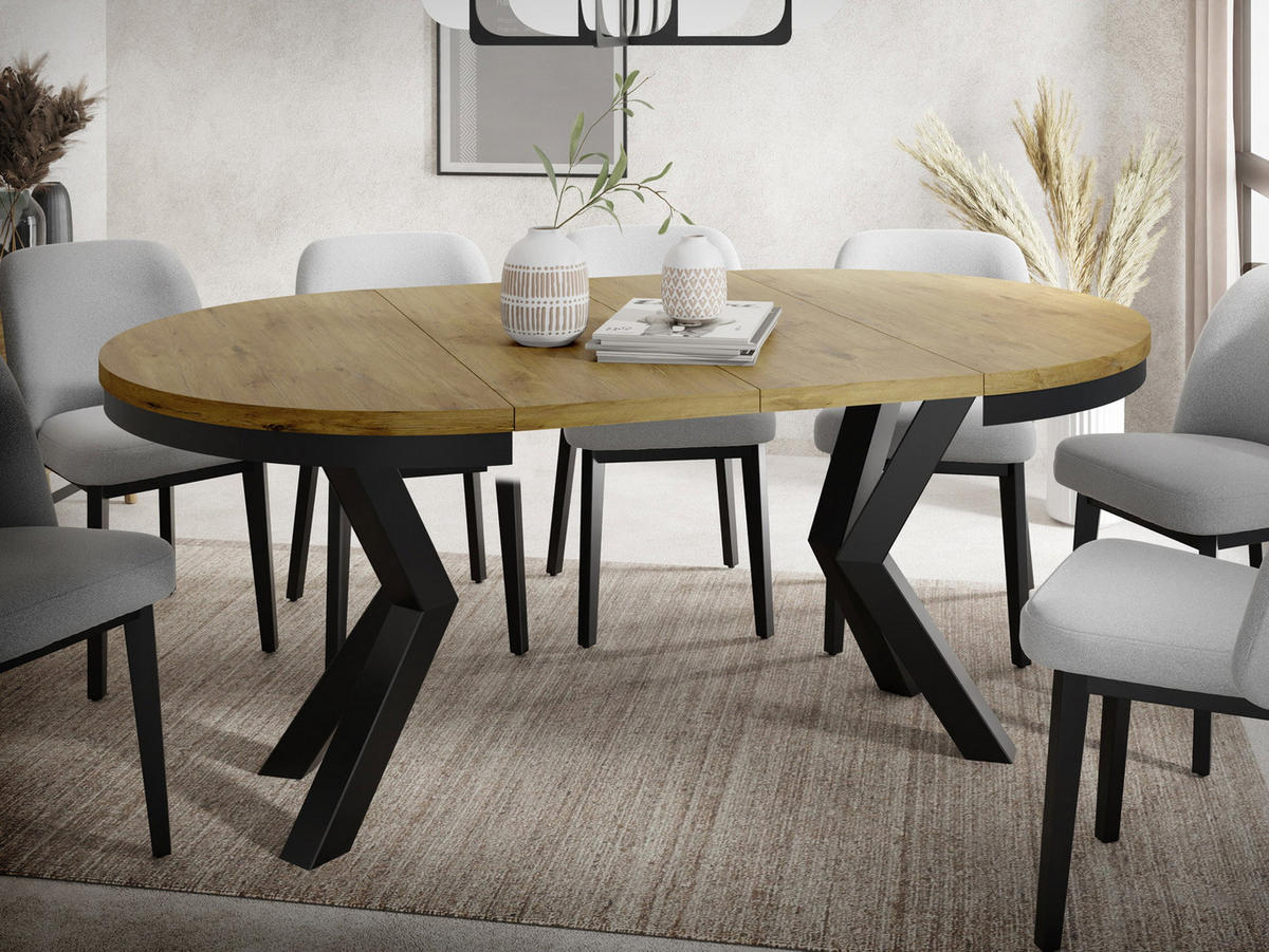 ESSTISCH Clara runder ausziehbarer, Eiche Hellbraun 120-200/120/76 cm - Eichefarben/Schwarz, Holzwerkstoff/Metall (120/200/76cm) - WFL GROUP