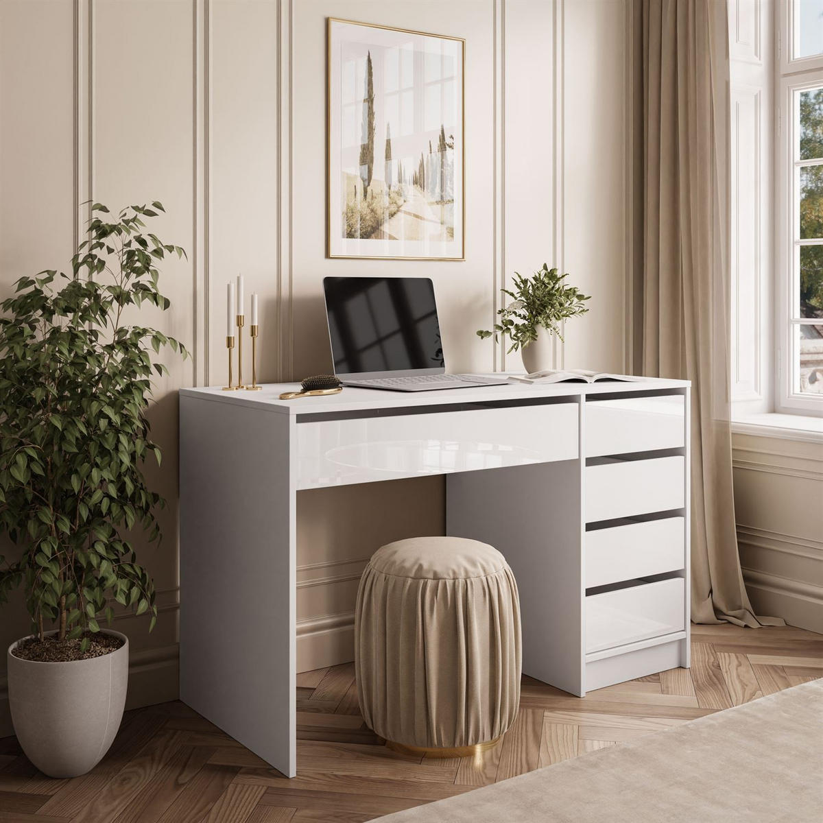 SCHREIBTISCH MADA GLOSS mit Schubladen - Weiß Hochglanz, Holzwerkstoff (55/120/75cm) - Lookway