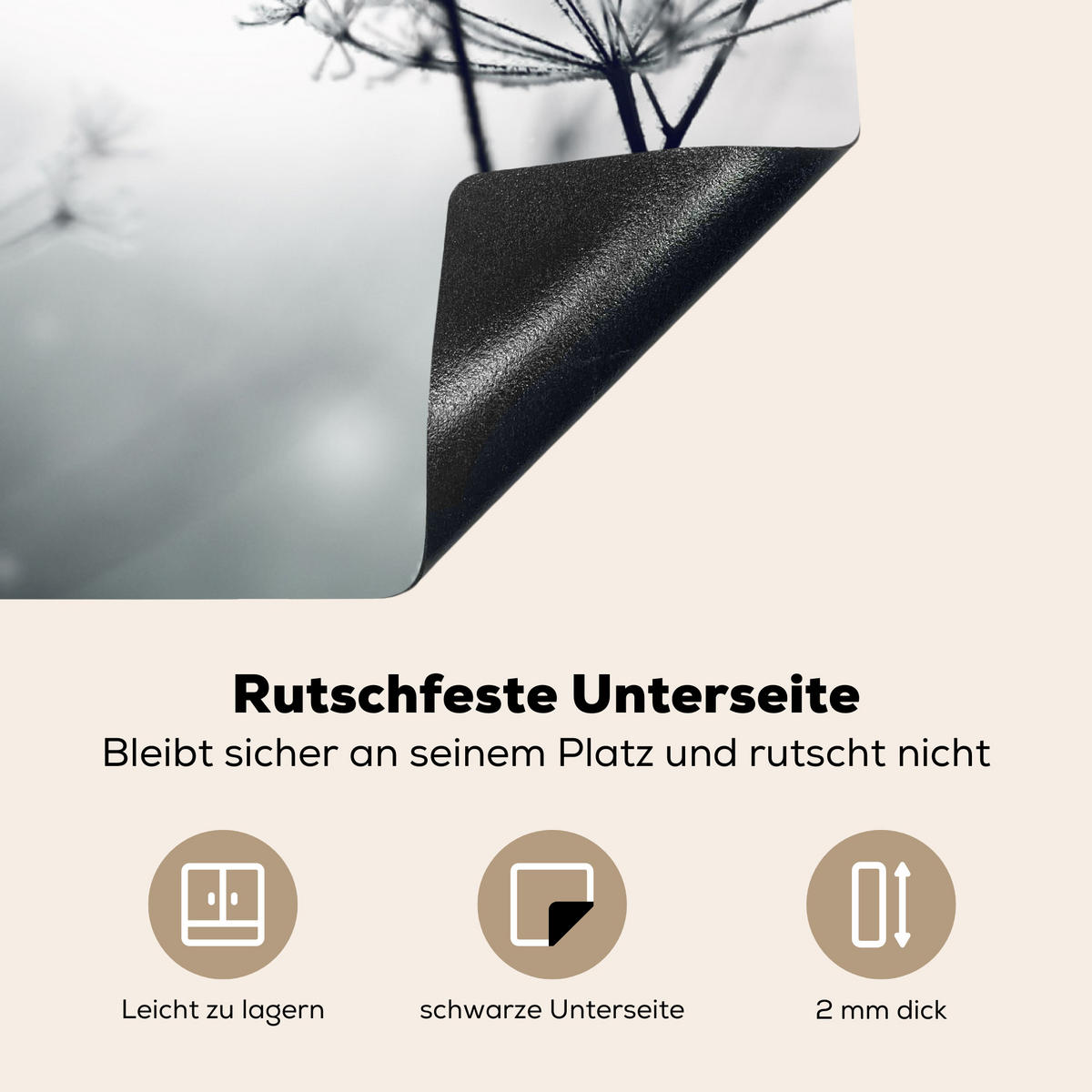 HERDABDECKPLATTE Blumen - Winter - Schnee - Natur Herdabdeckung Induktionsfeld 65x52 cm - Grau, Kunststoff (65/52/0.2cm) - MuchoWow