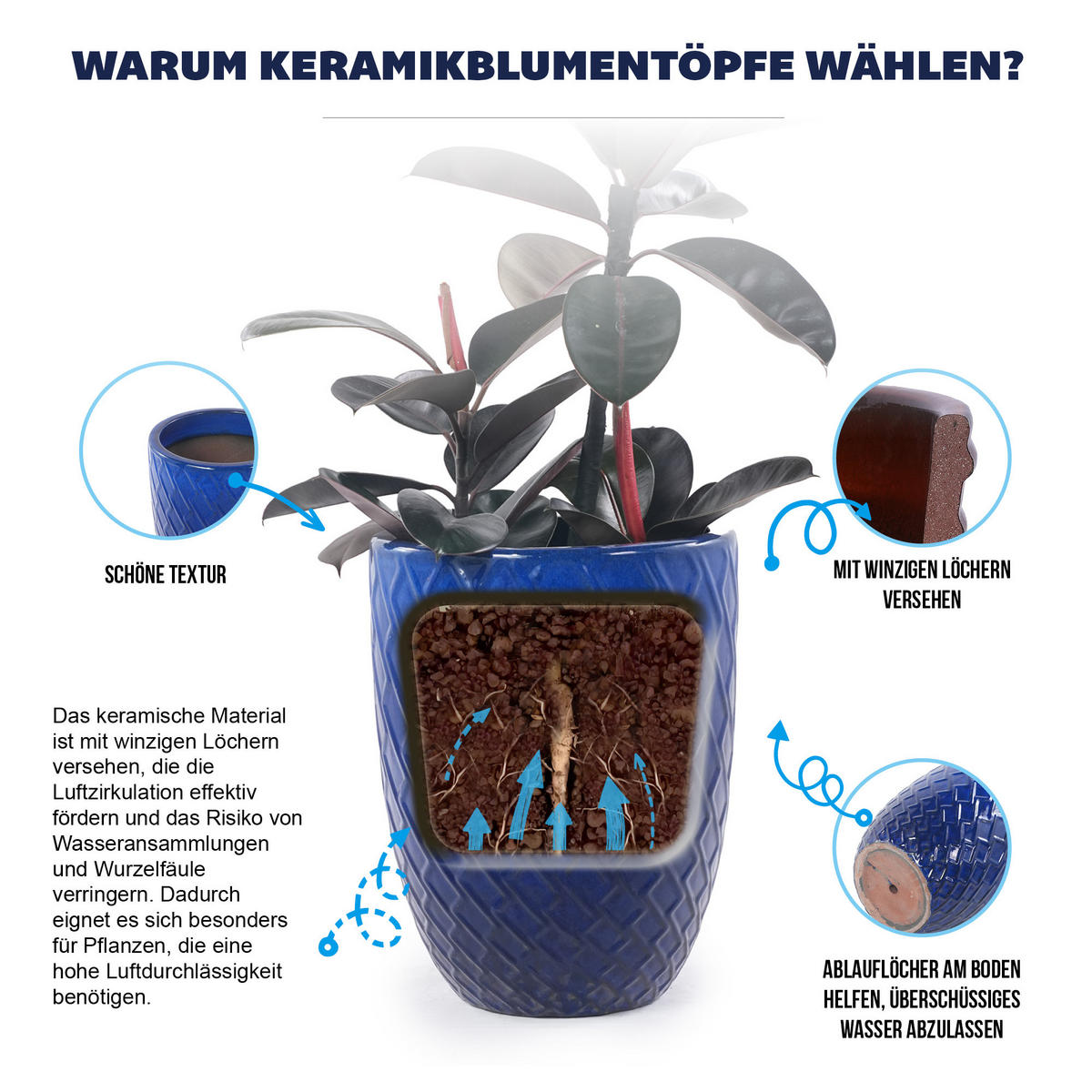 KERAMIKBLUMENTOPF, groß, 42×54cm, rautenförmig, königsblau - Blau, Keramik (42/54/42cm) - Vallsero