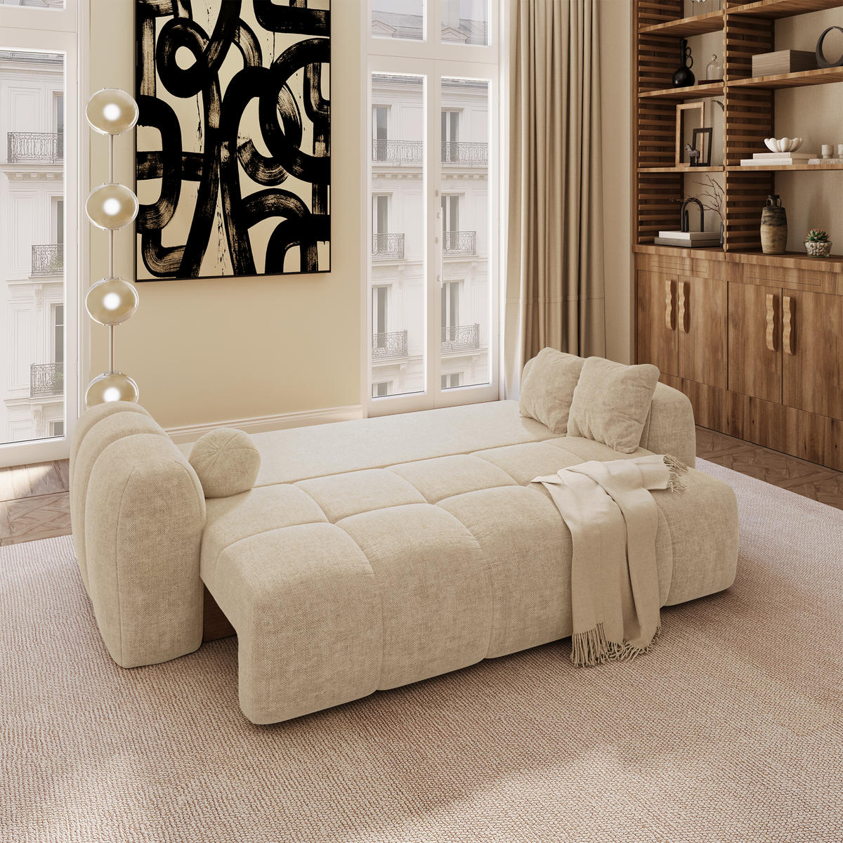 SCHLAFSOFA mit Stauraum SKY Köpergewebe Beige 260cm - Beige, Textil (260/75/100cm) - Premium Interiors