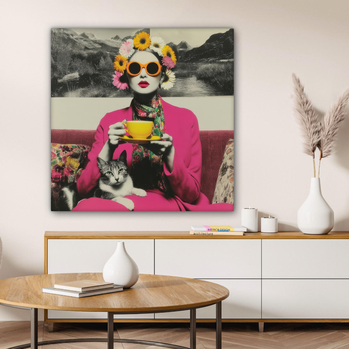 LEINWANDBILD Frau - Katze - Blumen - Tasse - Retro Deko Groß 90x90 cm - Magenta, Textil (90/90cm) - MuchoWow