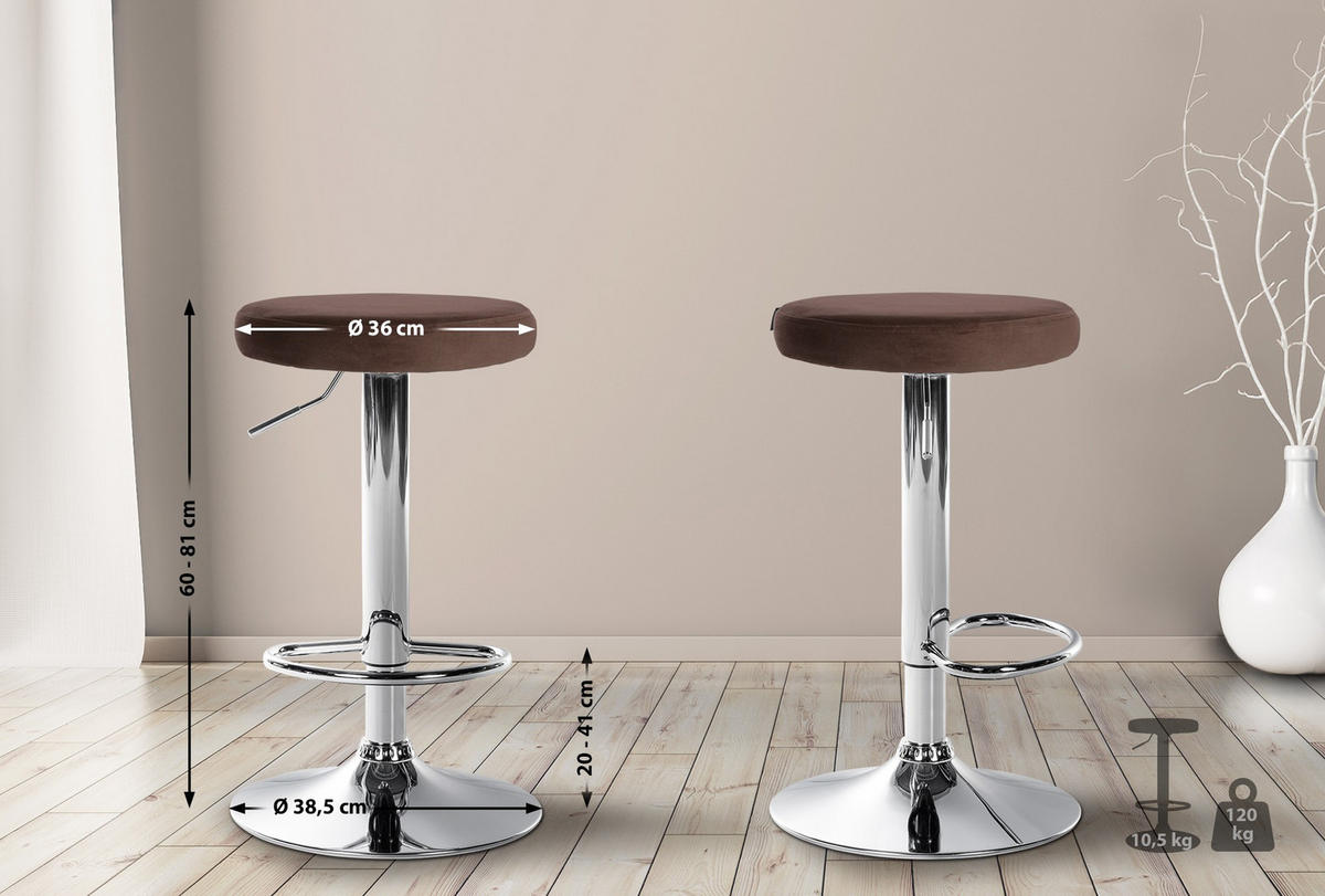 BARHOCKER 2er Set Samt braun - Braun, Textil/Metall (38.5/60/38.5cm) - CLP