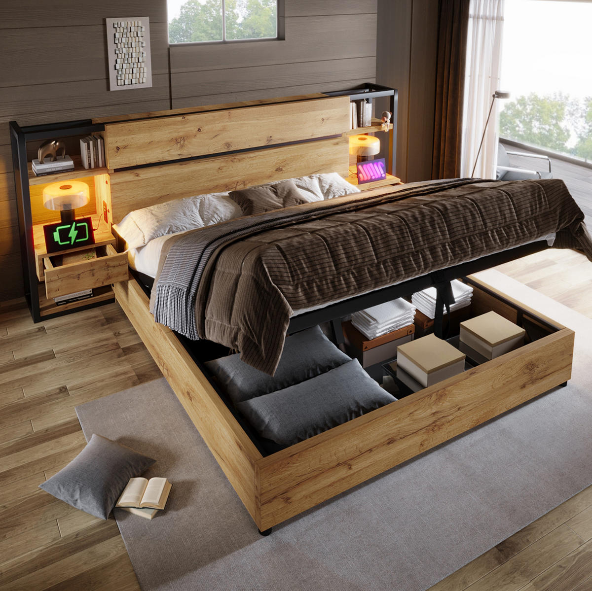 BETT 160/200 cm mit Bettkasten, Kopfteil mit Schubladen & USB/Type‑C, Eiche/Schwarz - Eichefarben, Holzwerkstoff (160/200cm) - Redom