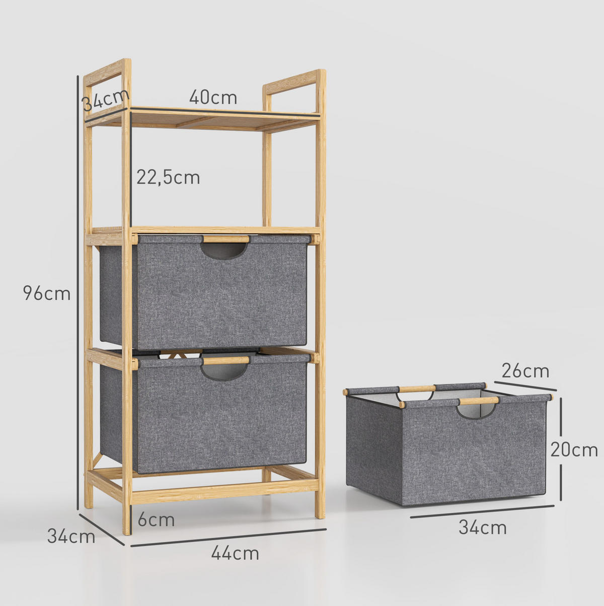BADEZIMMERREGAL 44x34x96 cm Natur mit 2 Stoffkörben & zweistufigem Design - Naturfarben, Naturmaterialen (44/96/34cm) - Modfu