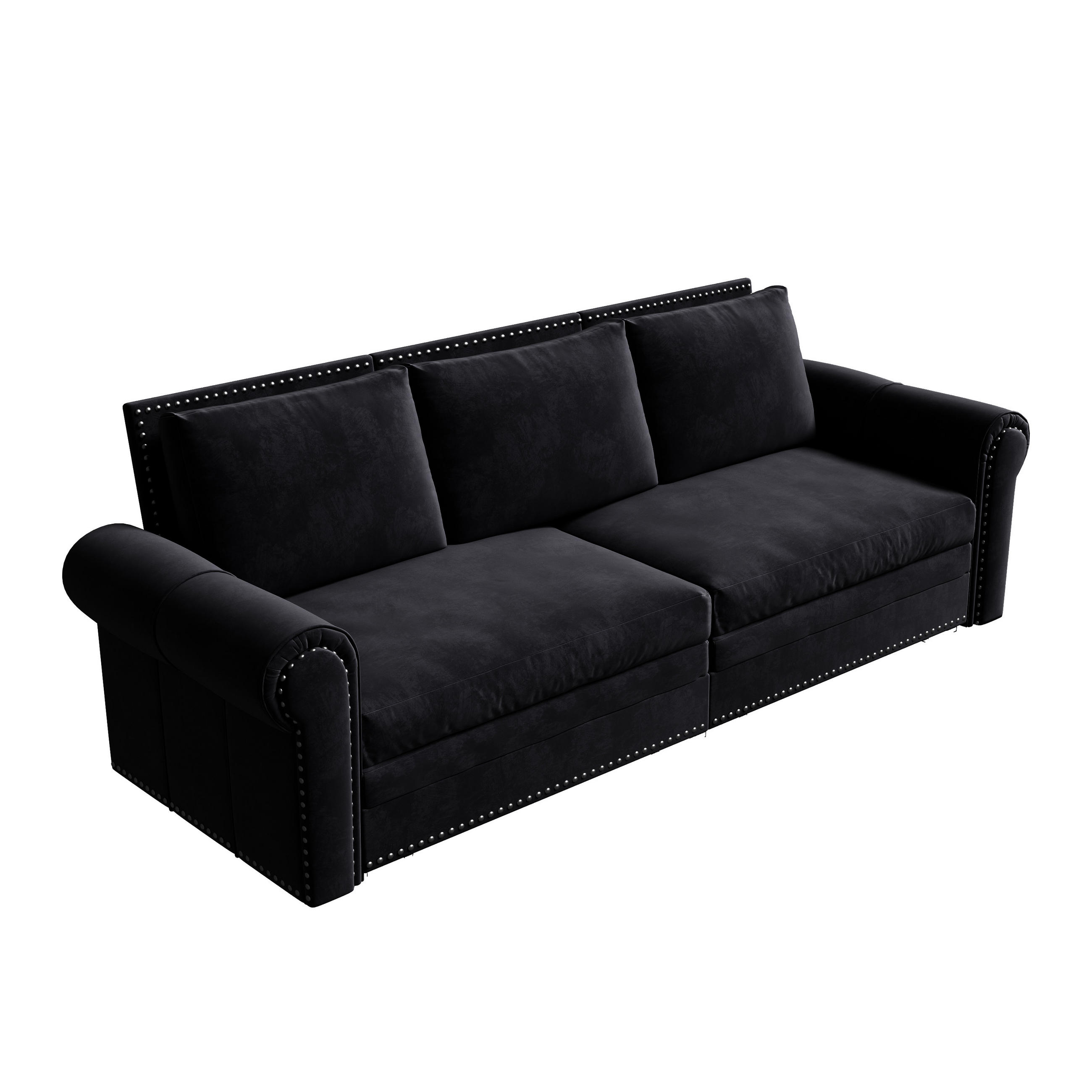 SCHLAFSOFA 3-in-1 ausziehbar mit Rollarmlehnen, DE-42865, Schwarz - Schwarz, Metall (238/98/90cm) - ComfortXL
