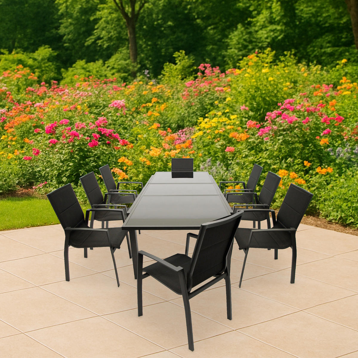 GARTEN-GARNITUR Ashford - 9-teilige Garten-Essgruppe (8x Stapelsessel mit Aluminiumgestell schwarz, Bespannung Textillehne schwarz - Schwarz, Metall - TPFGarden