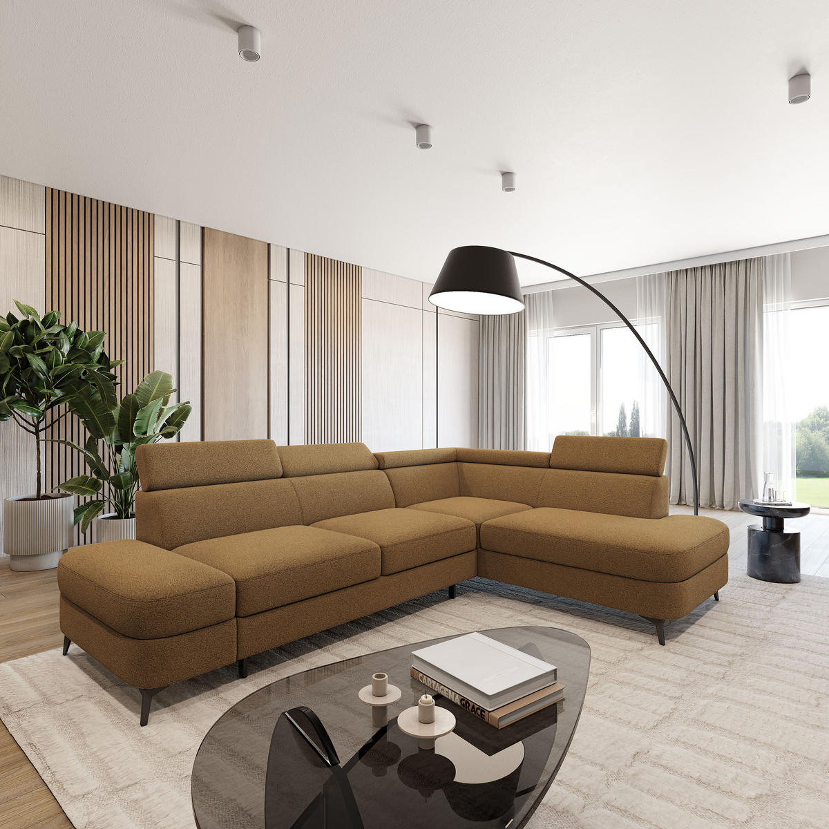 ECKSOFA AVISE Q R-S Orange Boucle-Stoff mit Schlaffunktion - Orange, Holzwerkstoff/Textil (268/195cm) - MASSENO