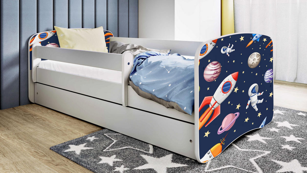 KINDERBETT Emily mit Schublade und Matratze, Weiß 70x140 cm - Weiß/Dunkelblau, Holzwerkstoff (140/70cm) - WFL GROUP