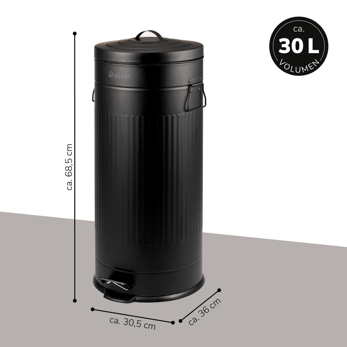 ABFALLEIMER Treteimer VINTAGE, 30 Liter, aus Metall, schwarz - Schwarz, Metall (30.5/68.5/36cm) - eluno