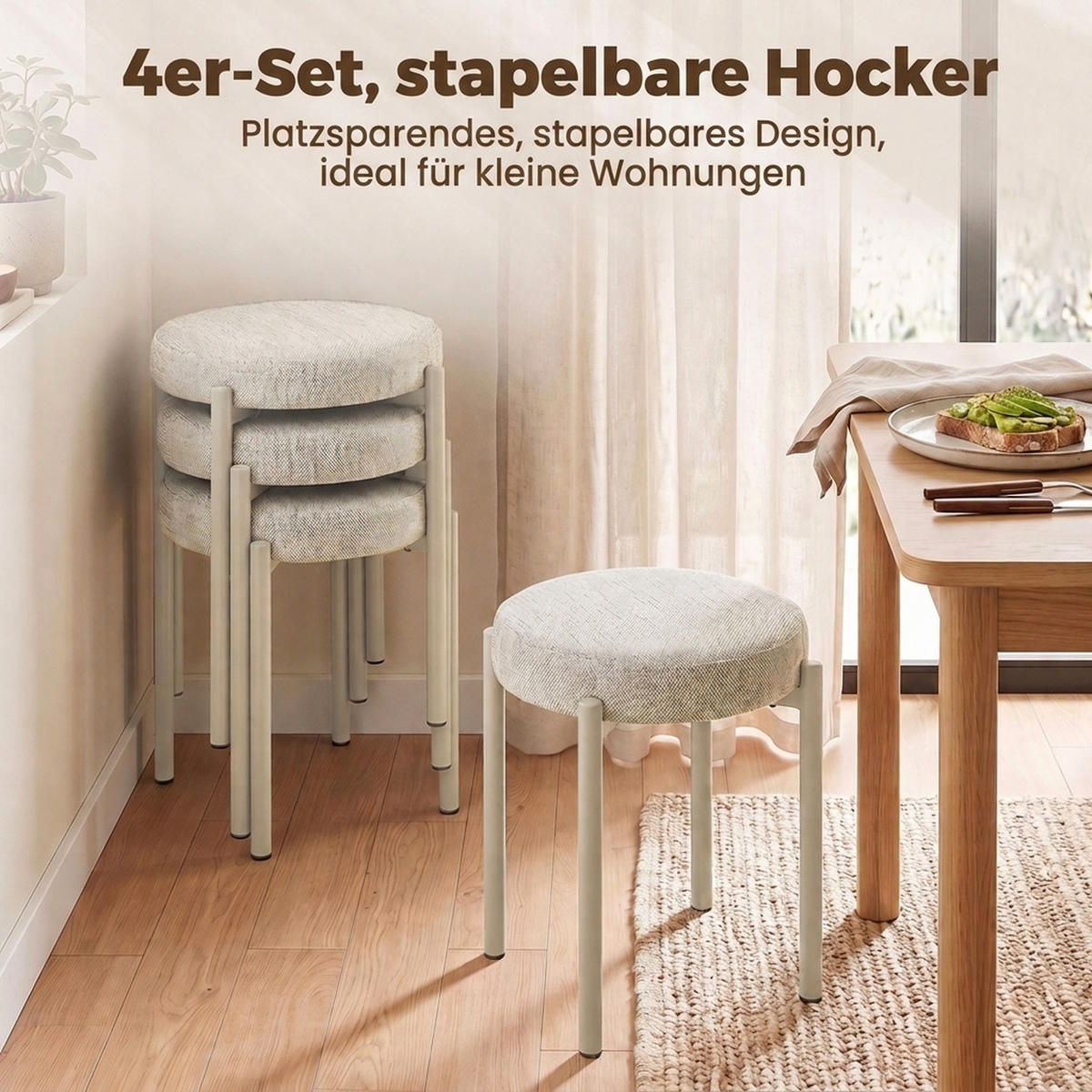 HOCKER 4er Set Polyester Cremeweiß - Dunkelgrün/Creme, Textil/Metall (45/47.5/45cm) - HOMCOM