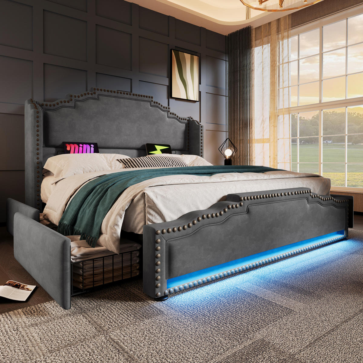 BETT mit Matratze, 4 Schubladen, LED & USB-C 140x200 cm Samt Grau - Grau, Metall (140/200cm) - Meubliv