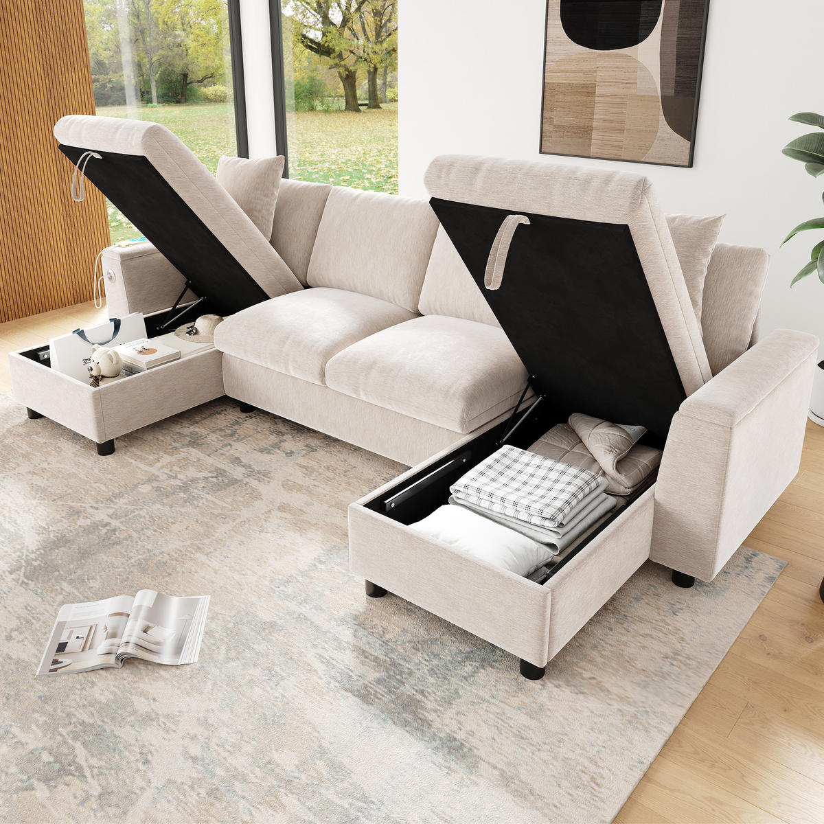 WOHNLANDSCHAFT 284/135/84 cm Beige mit aufklappbarem Stauraum, 1 USB-Anschluss und 1 Type-C-Anschluss - Beige, Textil (135/84/284cm) - Oxeza