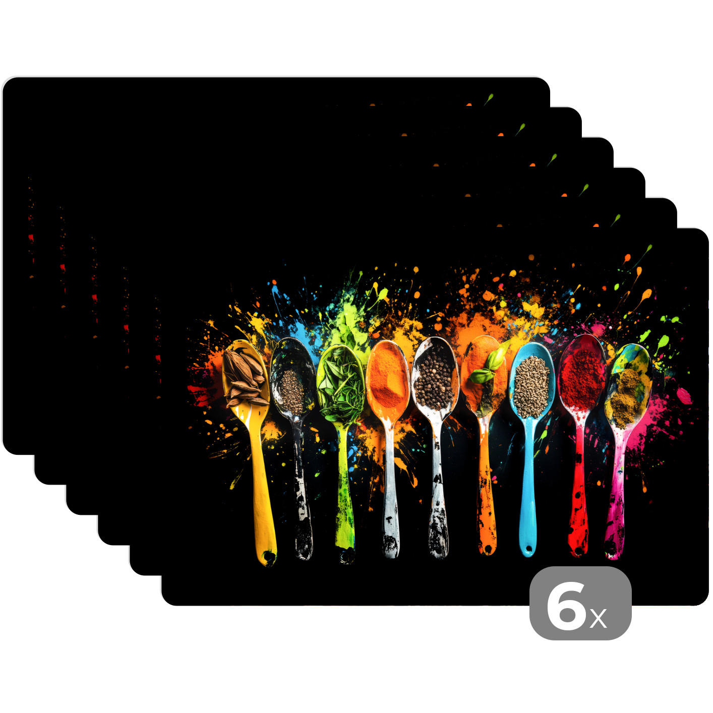 PLATZSETS 6er-Set Löffel - Gewürze - Modern - Graffiti - Farbe - Farbenfroh 45x30 cm Tischset - Multicolor, Kunststoff (0.3/45/30cm) - MuchoWow