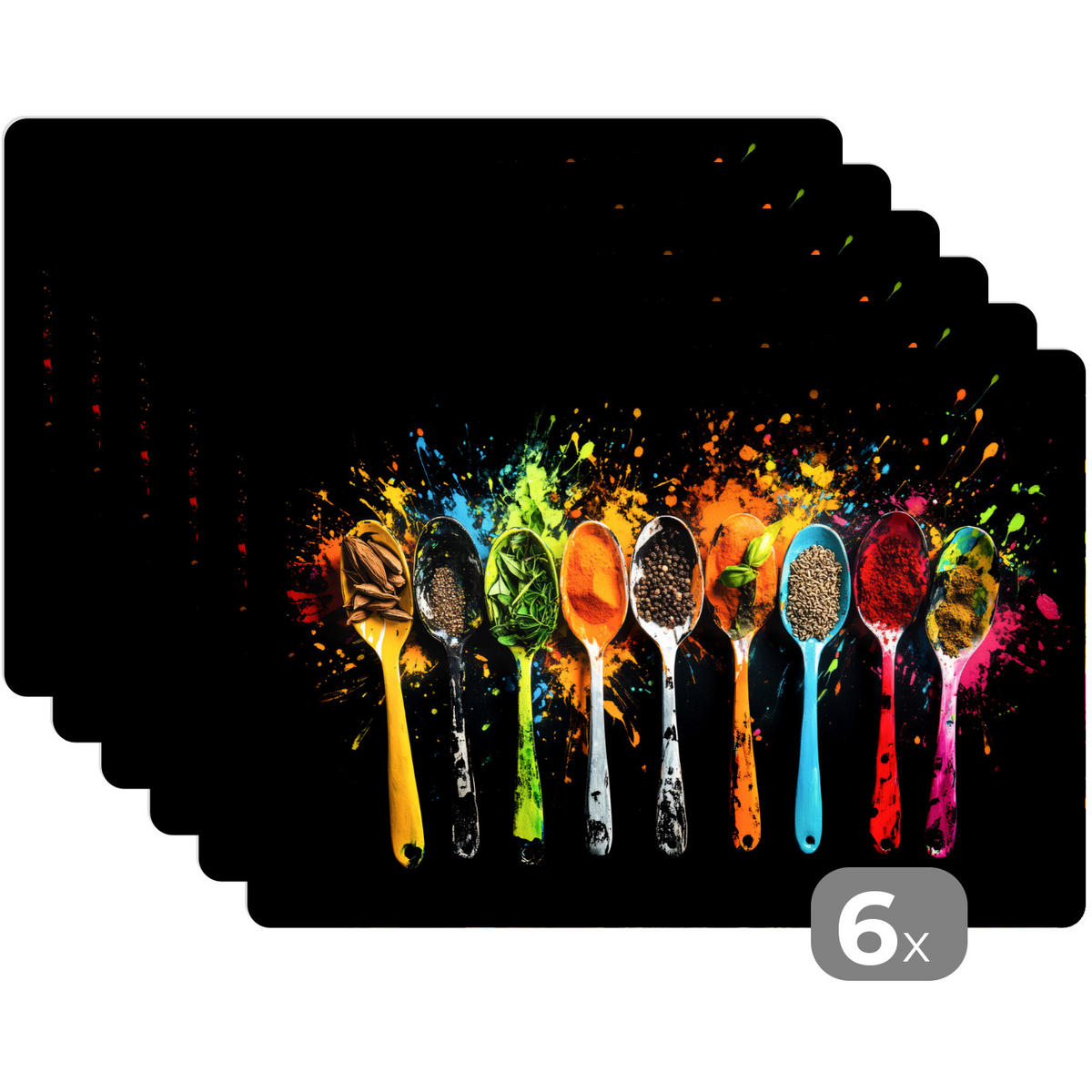 PLATZSETS 6er-Set Löffel - Gewürze - Modern - Graffiti - Farbe - Farbenfroh 45x30 cm - Multicolor, Kunststoff (0.3/45/30cm) - MuchoWow
