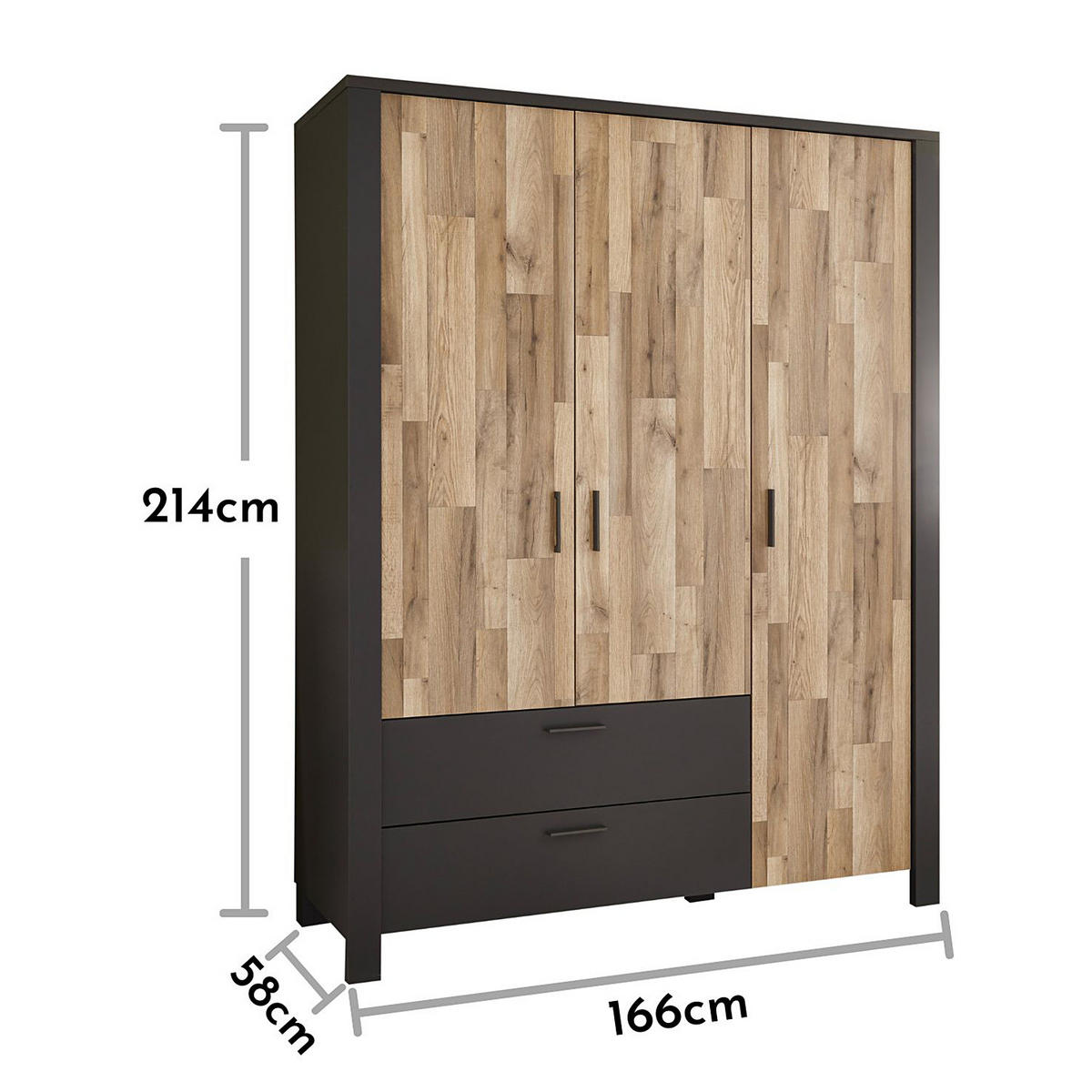 KLEIDERSCHRANK - Stabeiche Dekor / Graphit - Graphitfarben/Grau, Holzwerkstoff/Kunststoff (166/214/58cm) - home24