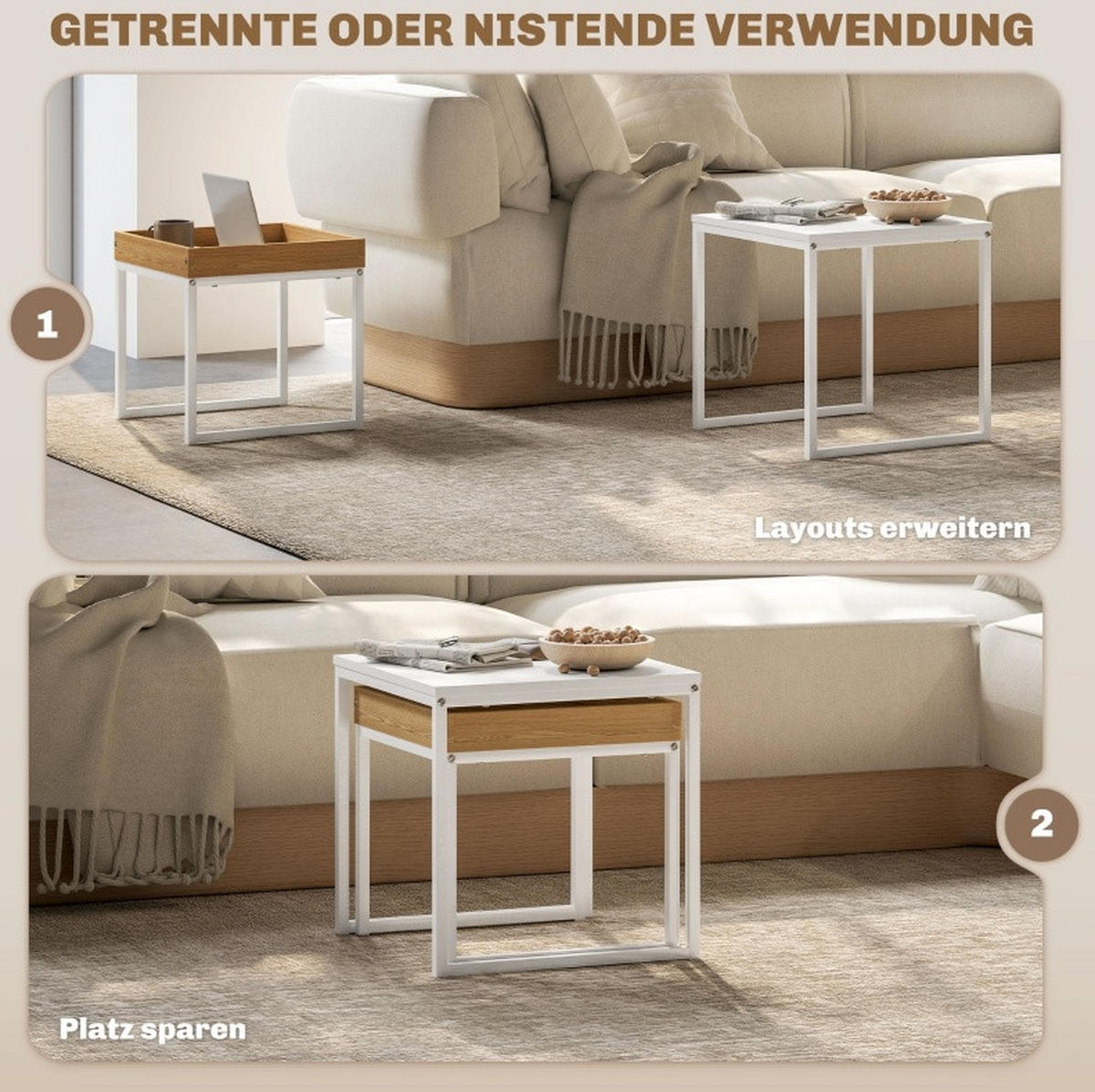 KONFERENČNÍ stolek, 2dílná sada 45/40/45/40/45/40 cm bílý, ocel a MDF - bílá, kov (45/45/45cm) - BEAOK