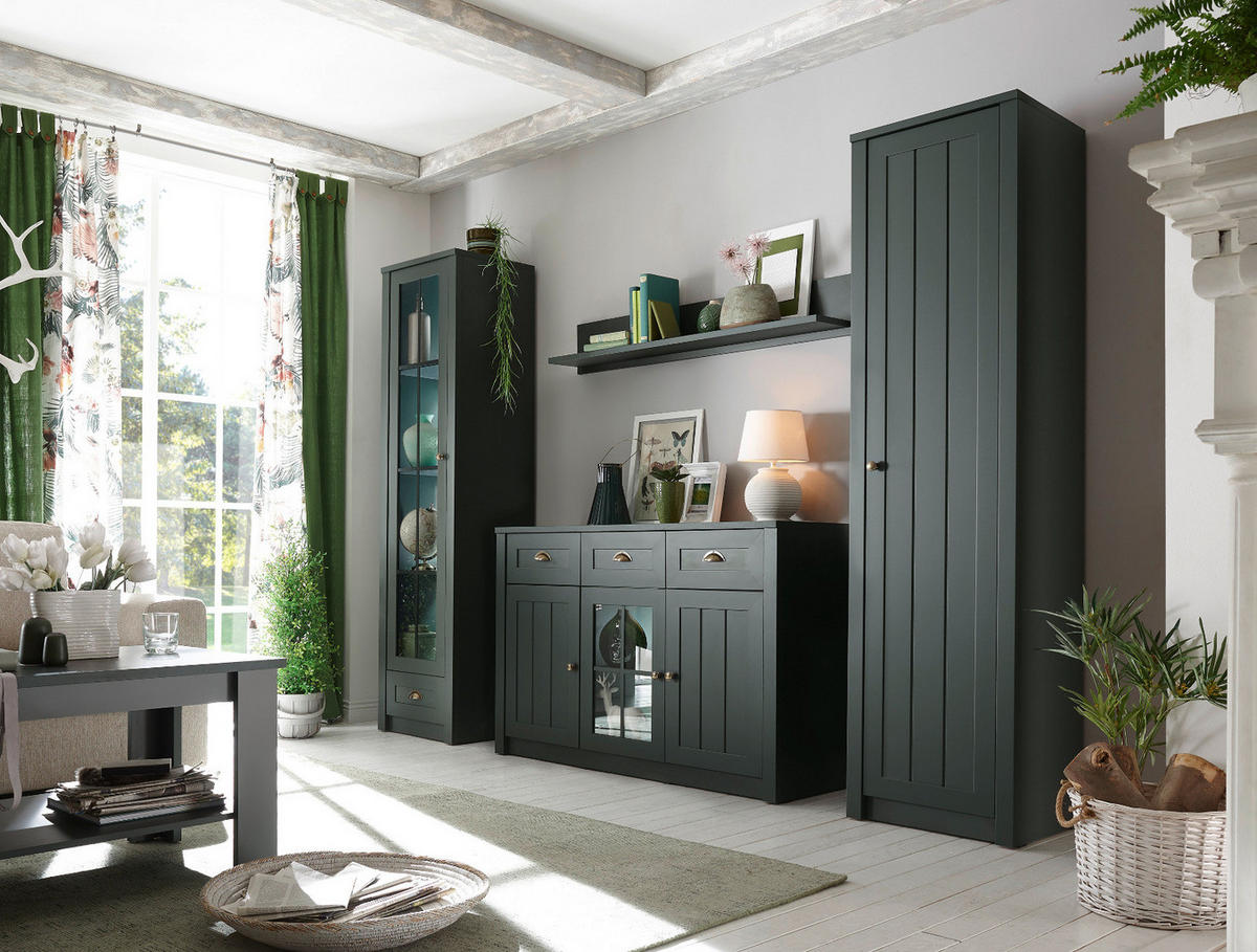 WOHNWAND grün Landhaus, Wohnkombination 4-teilig 270 x 198 cm - Chromfarben/Schwarz, Glas/Holzwerkstoff (270/198/43cm) - Furn.Design
