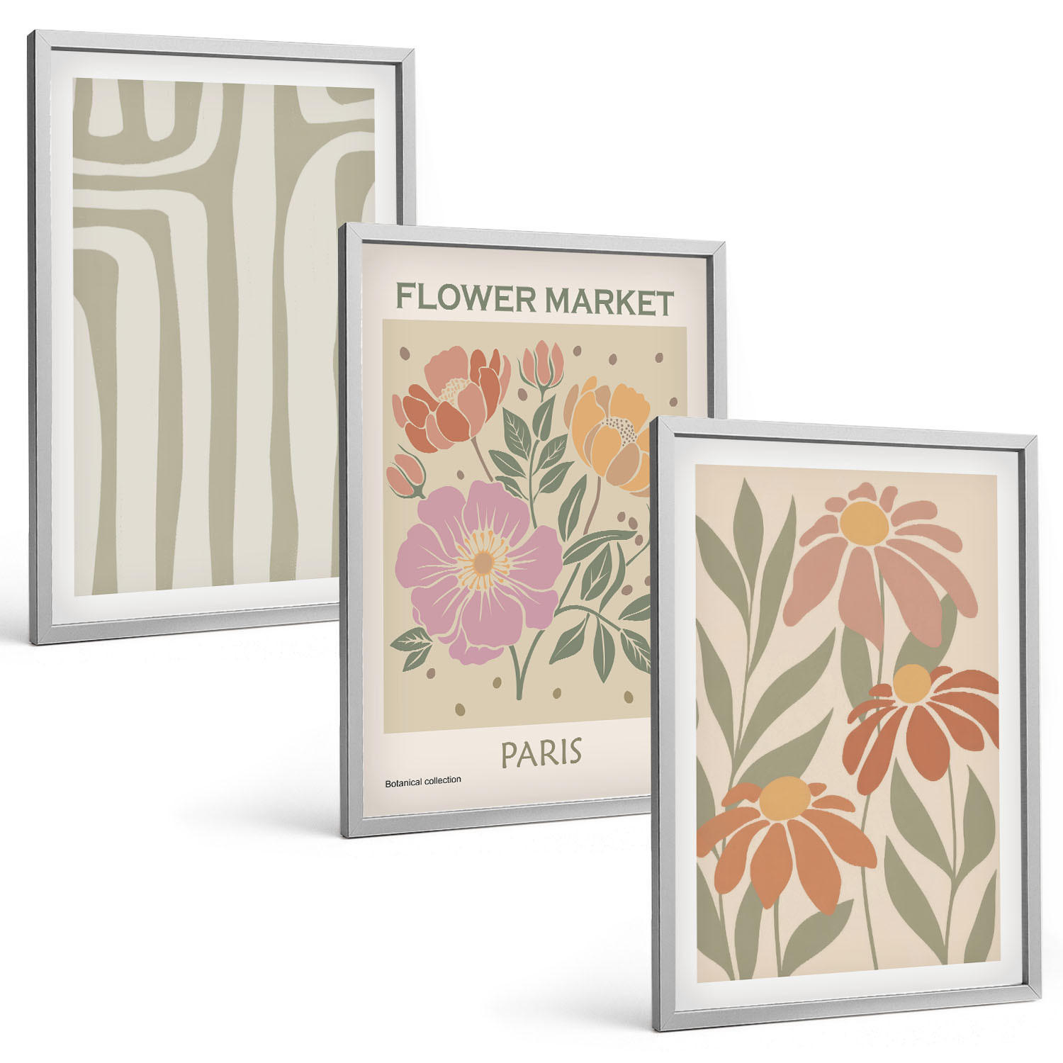 BILDER SET 3er Set - 40x60 cm Silberner Rahmen - Botanische Motive, Pariser Minimalismus - Silberfarben, Kunststoff (40/60cm) - TULUP