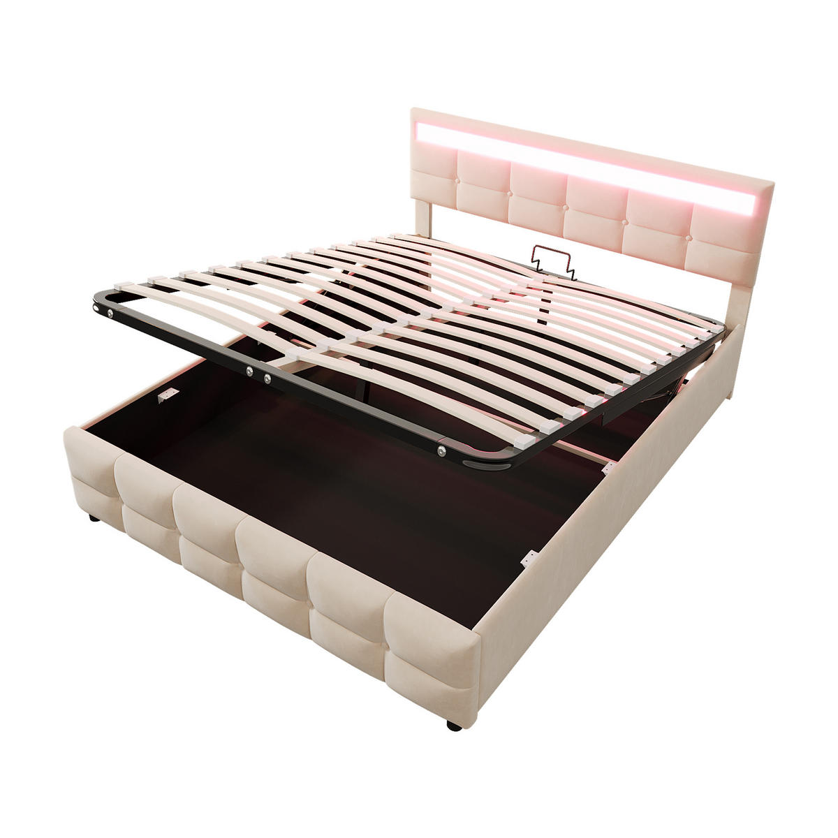 POLSTERBETT 180/200 cm in Beige Samt mit Bettkasten und LED - Beige, Holzwerkstoff/Textil (180/200cm) - WISHDOR