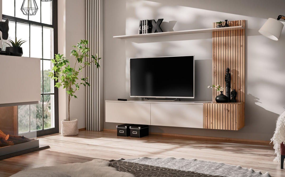 WOHNWAND Sand matt, Eiche Artisan 180 cm, Schrankwand hängend - Sandfarben/Eiche Artisan, Holzwerkstoff (180/130/40cm) - Inn.Furn