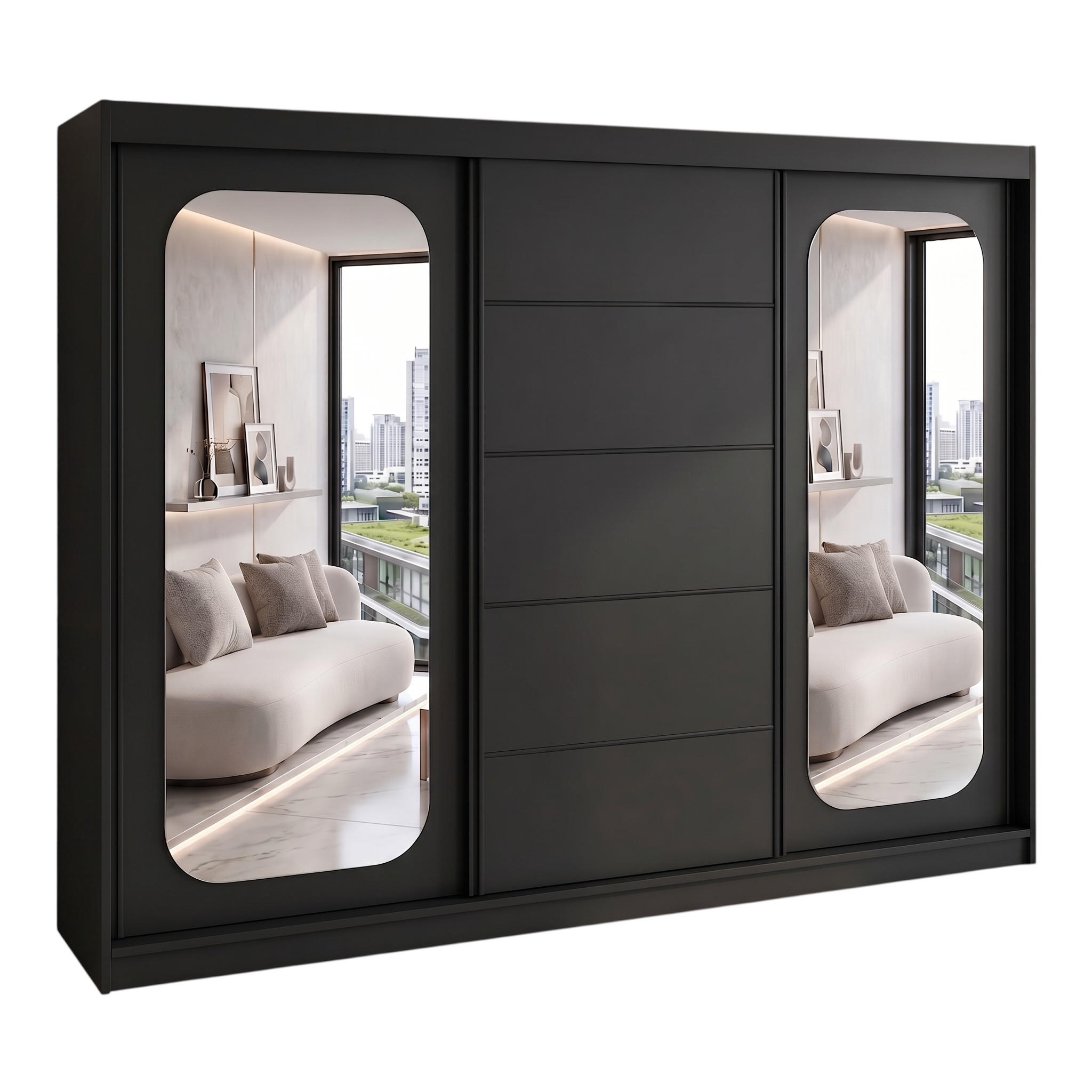 SCHWEBETÜRENSCHRANK BELANO 200 cm. Innenausstattung: Premium - Schwarz, Holzwerkstoff (200/215/59.5cm) - A&J MöbelLand