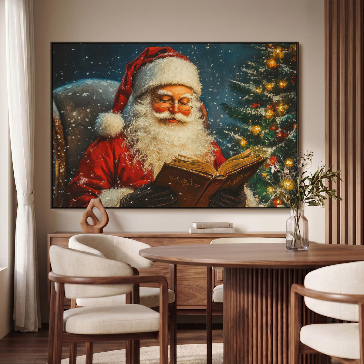 LEINWAND Bilder mit Rahmen - Weihnachtsmann - Weihnachten - Winter - Weihnachtsbaum - 150x100 - Bordeaux, Textil (150/100cm) - MuchoWow