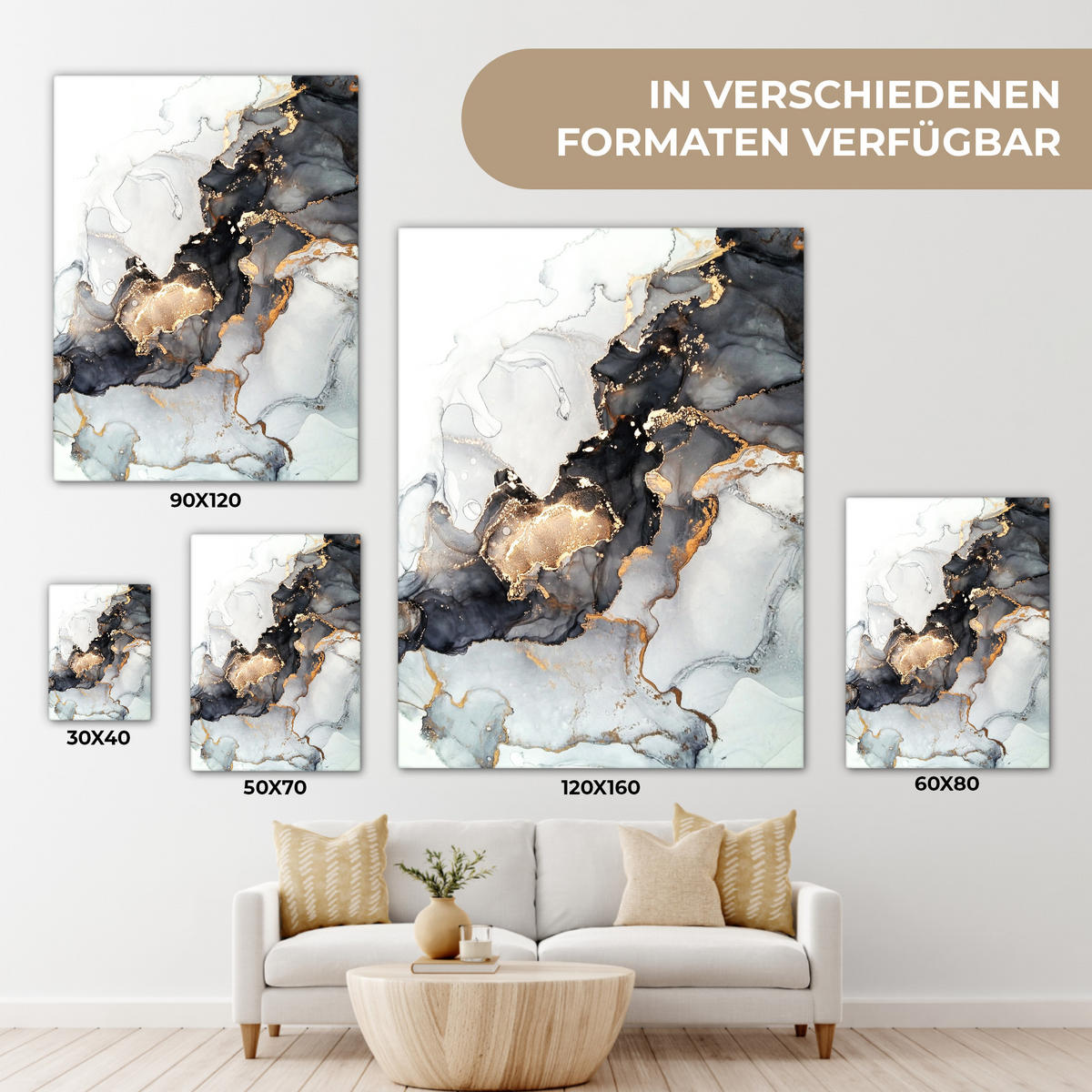 LEINWANDBILD Marmor - Schwarz - Weiß - Gold - Luxus - Abstrakt 60x80 cm - Goldfarben, Textil (60/80cm) - MuchoWow