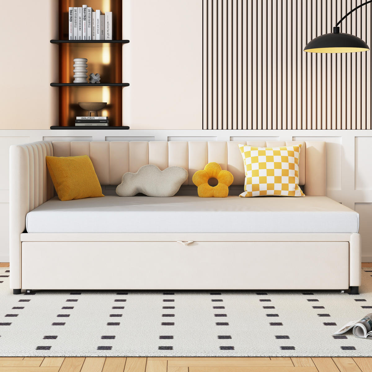 SAMT-POLSTERBETT 90/200 cm Beige mit Ausziehbett und gepolstertem Kopfteil - Beige, Textil (90/180cm) - BEAOK