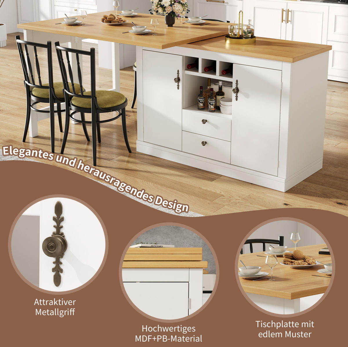 BAROVÝ stůl 120-180/40/76 cm výsuvný, otočný o 360° s úložným prostorem, MDF, Přírodní/Bílá - přírodní, kompozitní dřevo (40/180/76cm) - Redom
