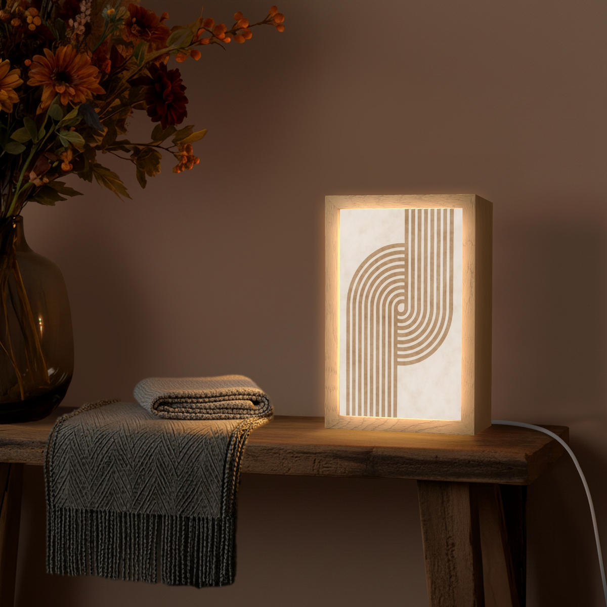 NÁSTĚNNÁ LAMPA Symetrický ohyb - měděná barva 20x30 cm - béžová, kompozitní dřevo (20/30/8cm) - OnlyWow