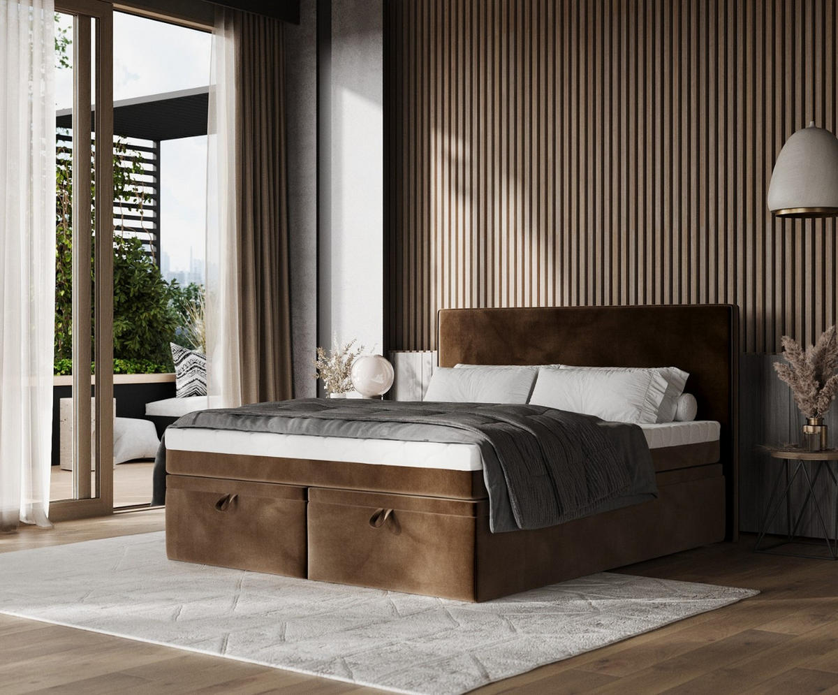 BOXBETT Zalla 200/200 cm Braun im Kronos Stoff - Schwarz/Braun, Holz/Holzwerkstoff (200/200cm) - AltaBeds