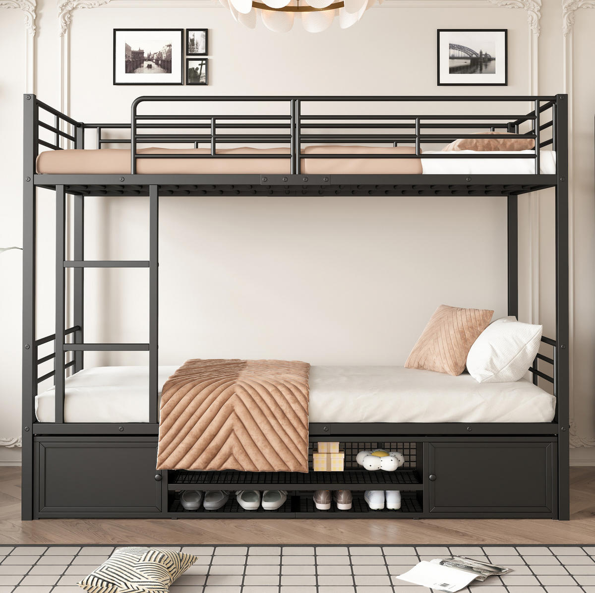 ETAGENBETT 90/200 cm Schwarz aus Eisen mit Schuhablage und Sicherheitsgitter - Schwarz, Metall (90/200cm) - OKWISH