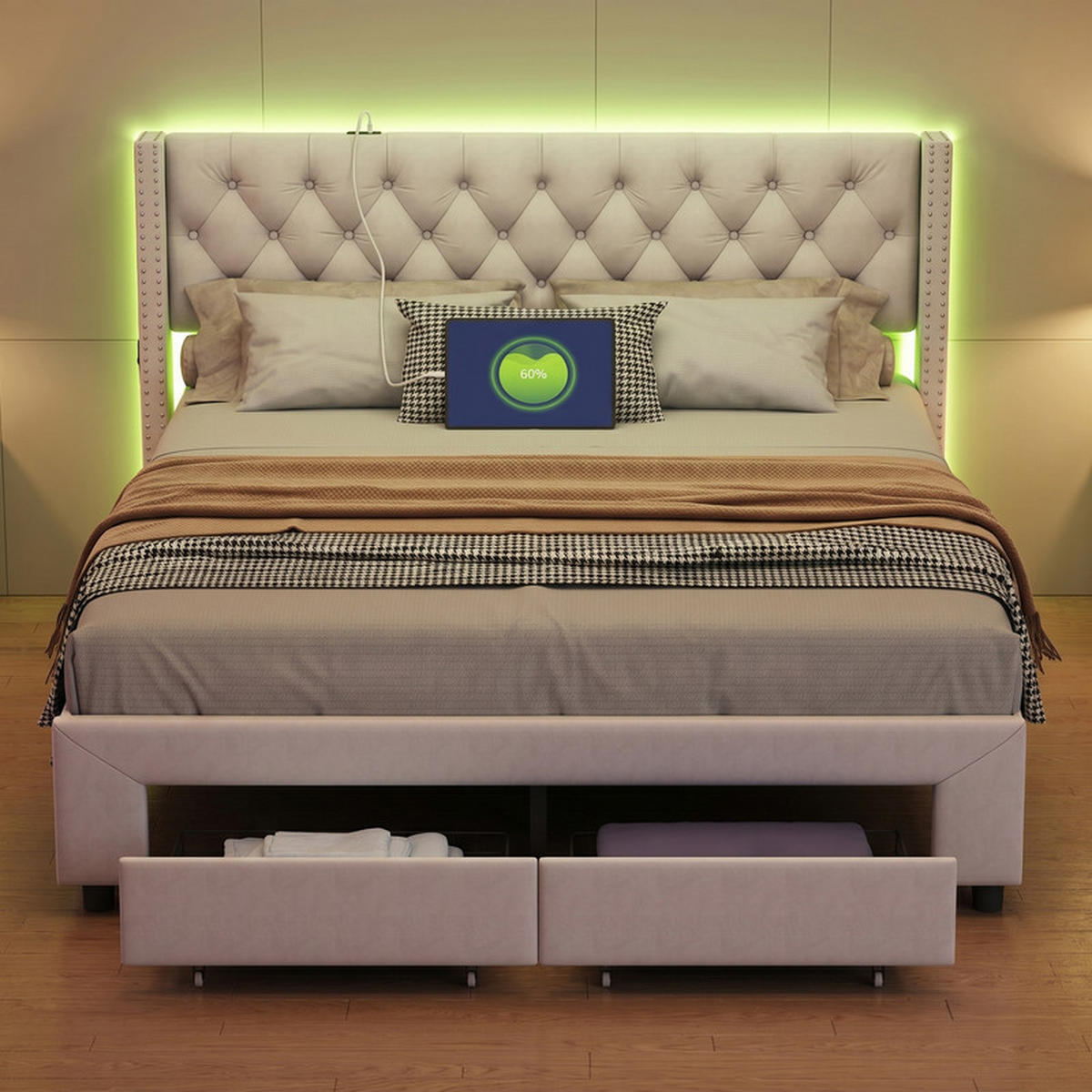 ČALÚNENÁ posteľ 140/190 cm béžová s LED, USB a zásuvkou - béžová, drevo - SHOPENTRA
