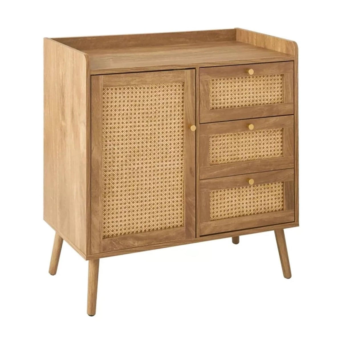 KOMMODE mit 1 Tür und 3 SchubladenRattanfronten und Holzfüßen 39/79,5/80 cm - Eschefarben, Holzwerkstoff (80/79.5/47cm) - Calicosy