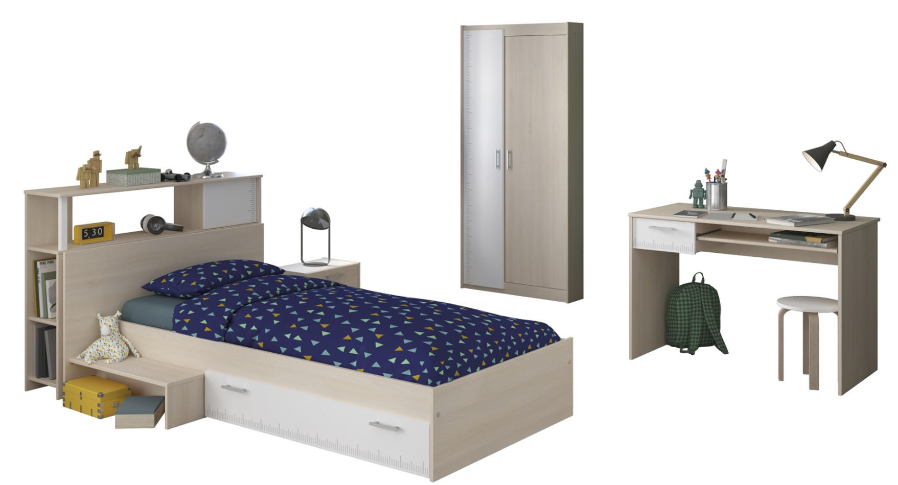 KINDERZIMMER Jugendzimmer Komplett-Set 5-tlg. Kleiderschrank Schreibtisch Bett 90x200 - Silberfarben/Weiß, Holz/Holzwerkstoff (203/180/123cm) - Parisot Meuble