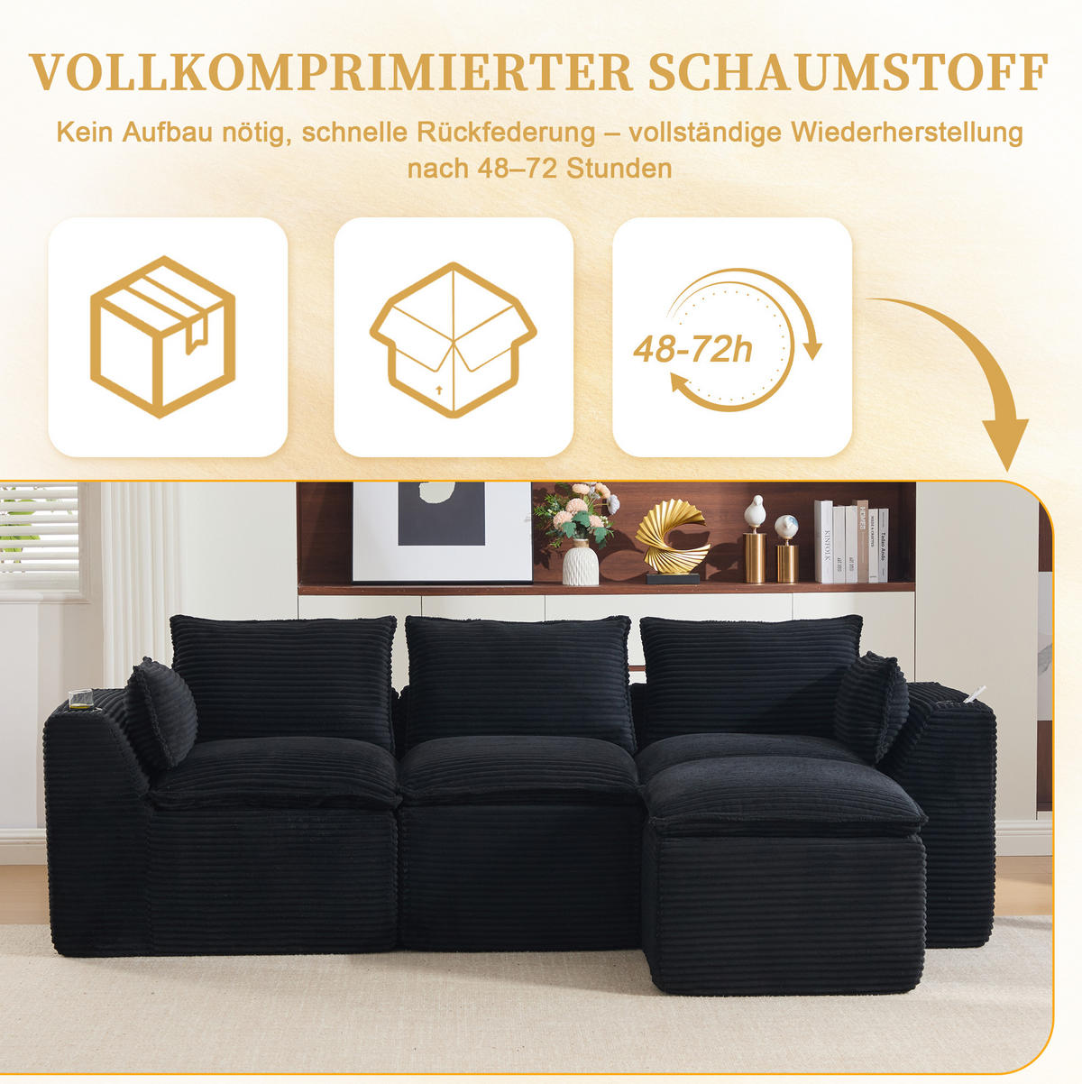 ECKSOFA 256/161/75 cm schwarz aus Cord mit Kissen und Seitentaschen - Schwarz, Textil (161/256cm) - OKWISH