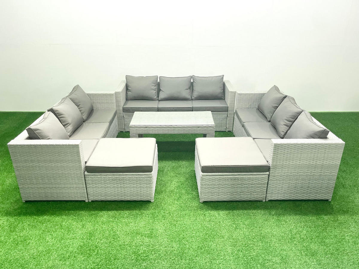 BALKONMÖBEL-SET Polyrattan Hellgrau-Mix 11-teilig - Hellgrau/Grau, Glas/Kunststoff - Fimous