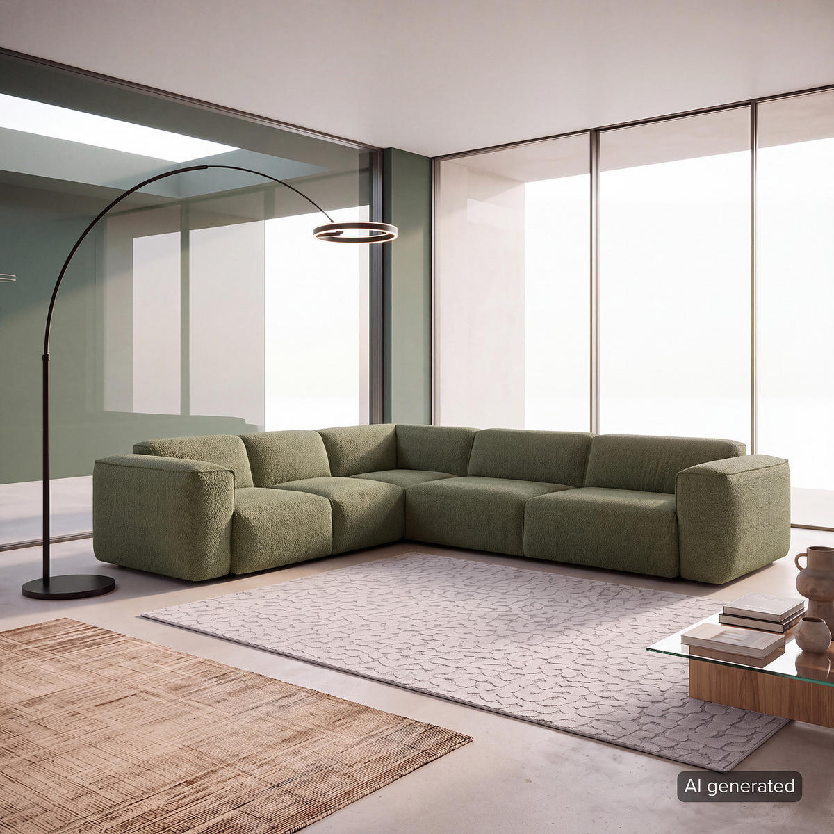 ECKSOFA mit Rundecke - Schwarz/Grün, Kunststoff/Textil (325/260cm) - home24